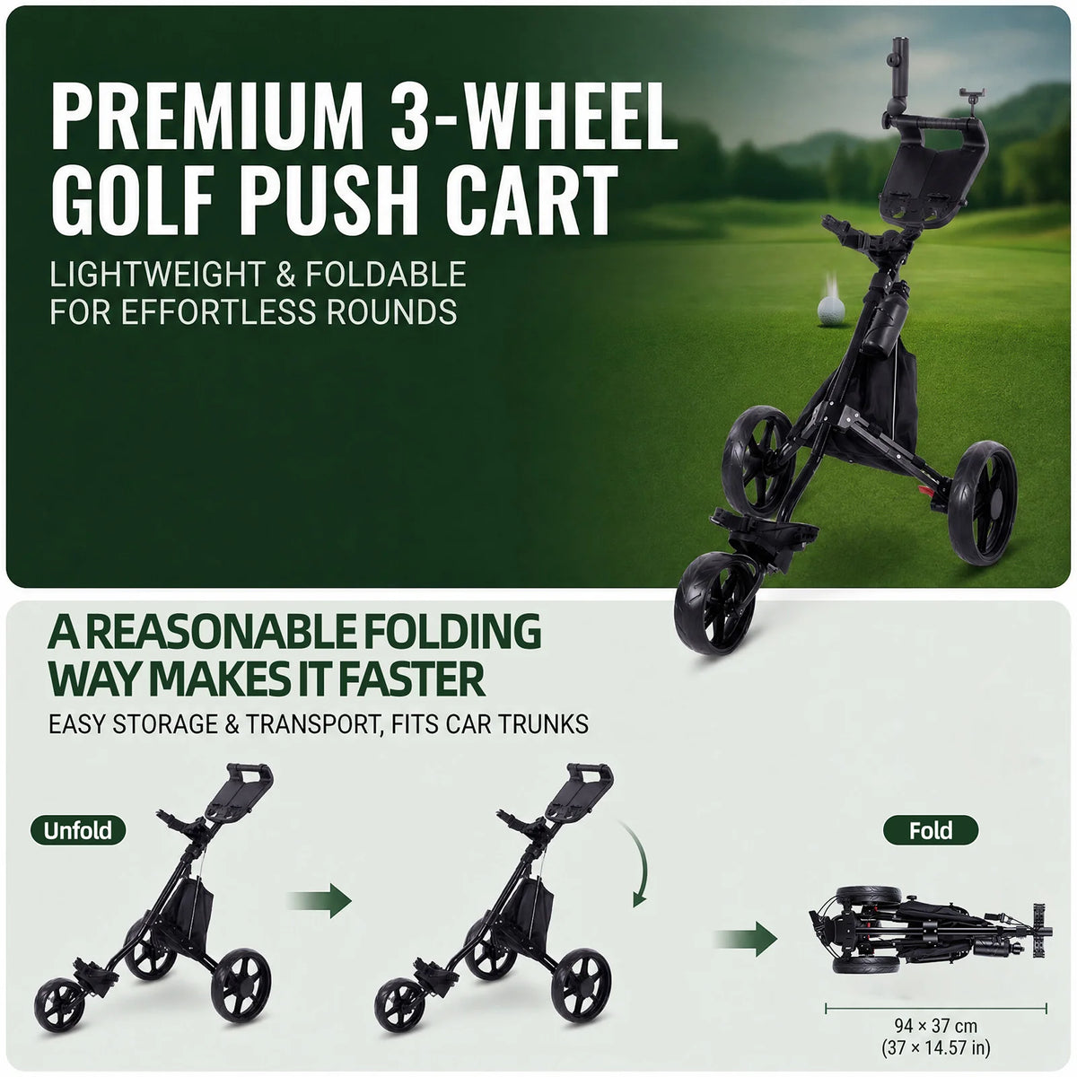 Golf Push Cart 3-Wheel Foldable